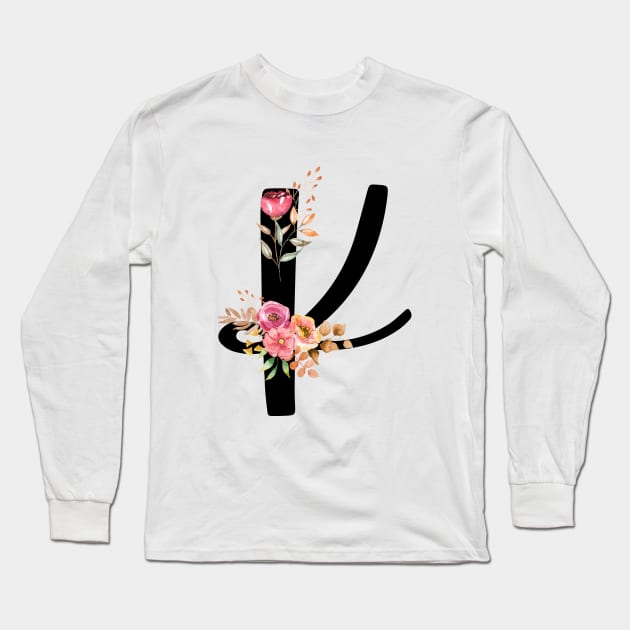 Letter K With Watercolor Floral Wreath Long Sleeve T-Shirt by NatureGlow